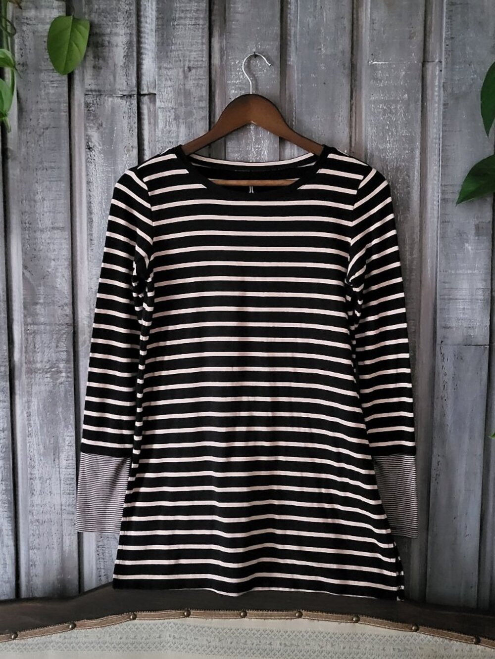 TRISTAN Button Cuff Cotton Striped Long Sleeve Tunic Black M